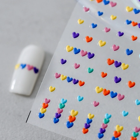 Autocollants Ongles Coeur 3D Relief Auto-Adhésifs Arc-En-Ciel Colorés Pastels Paillettes Décalcomanies Décoration Manucure DIY