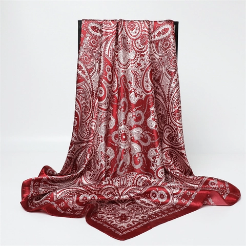 Women Paisley Print Satin Scarf Bohemian Retro Large Square Scarf Soft Satiny Headscarf Shawl Fashion Accessories