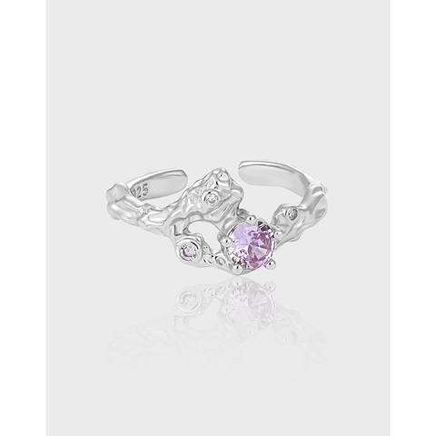 Irregular Texture Lava Style Adjustable Open Ring 925 Sterling Silver Purple Zircon Micro Pave Women