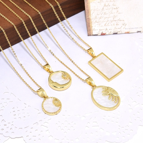 Collar con Colgante de Cobre Vintage Mujer Incrustación de Nácar Artificial Circonia Sol Luna Estrella Collar de Oro Geométrico Joyería