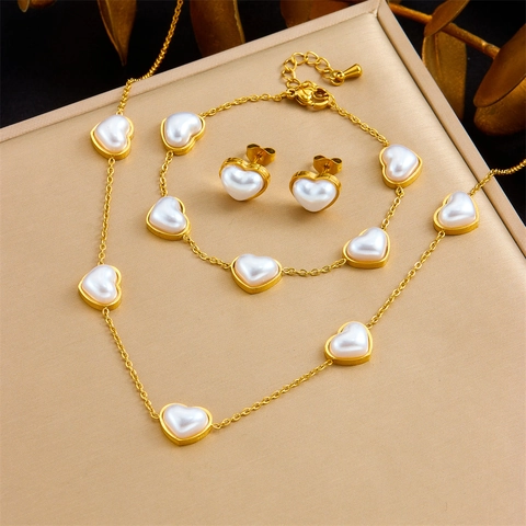 French Vintage Heart Artificial Pearl Gold Plated Stainless Steel Necklace Bracelet Stud Earrings Minimalist Elegant Jewelry Women Accessory