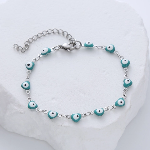 Bracelet Oeil De Turquie En Forme De Coeur Acier Inoxydable Émail Chaîne Réglable Bijoux Mode Pour Femmes