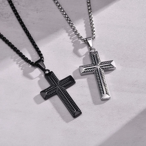 Collar Colgante Cruz Acero Inoxidable Textura Cuerda Negro Pulido Hip Hop Hombres Joyería Accesorios