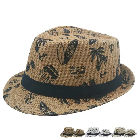 Sommer Strohhut Fedora Atmungsaktiv Sonnenschutz Strand Reise Tropischer Druck Lässiger Stil Für Herren Damen Kinder