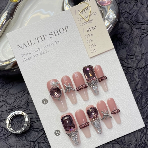 Uñas Postizas Hechas A Mano Degradado Púrpura Ataúd Largo Lujo Diamantes Imitación Estrella De Mar Mariposa Para Mujeres