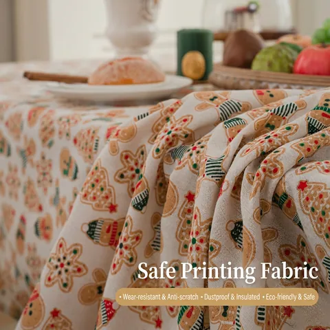 Christmas Tablecloth Cotton Linen Blend Gingerbread Man Print Rectangular Festive Holiday Kitchen Dining Table Cover