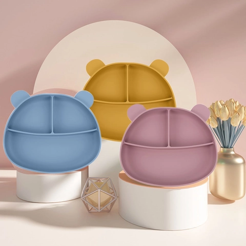 Assiette Ventouse Silicone Bébé Divisée Forme Ours Plat Alimentation Enfant Antidérapant Qualité Alimentaire
