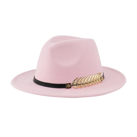Elegant Wide Brim Fedora Hat Polyester Felt Vintage Jazz Style With Black Belt And Gold Metal Leaf Accessory For Adults