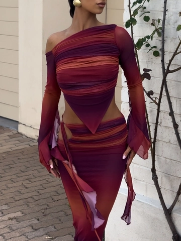 Haut Et Jupe Maxi En Tulle Polyester Dégradé Femmes Manches Longues Dos Nu Froncé Tenues De Plage Sexy