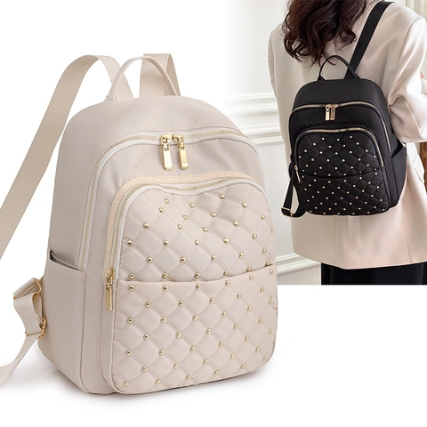 Zaino In Nylon Da Donna Con Motivo A Diamanti Trapuntati E Decorazione Con Borchie Dorate Impermeabile Leggero Scuola