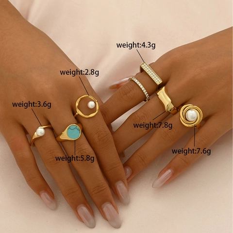Irregular Geometric Ring Stainless Steel Gold Plated With Artificial Pearl And Zircon Fashion Jewelry For Women