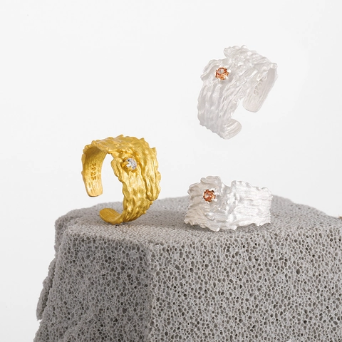 Anillo Abierto de Plata de Ley 925 con Textura Irregular para Mujer Anillo de Banda de Moda en Oro Plata con Diamantes de Imitación
