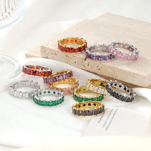 Square Cut Cubic Zirconia Eternity Ring Edelstahl Bunter Edelstein Band Für Damen Eleganter Schmuck Accessoire
