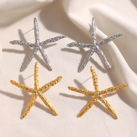 Starfish Stud Earrings Stainless Steel 18K Gold Plated Hammered Texture Marine Ocean Style Fashion For Women Jewelry