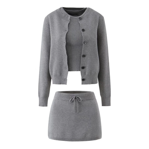 Damen Strickjacke Camisole Und Rock Acryl Strick Outfit Gerippt Lässig Streetwear Grau