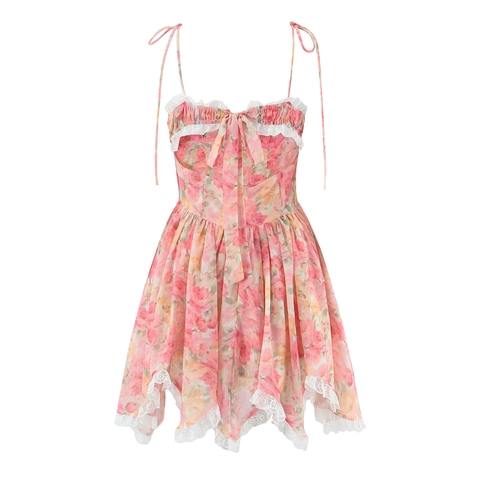 Robe À Fleurs Cami Polyester Mousseline Bordure En Dentelle Ourlet Irrégulier Décor Rose Style Lolita Doux Col En V Sans Manches