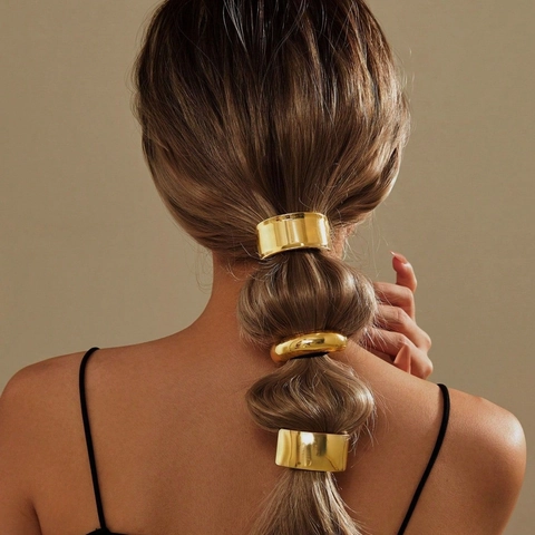 Women Geometric Metal Hair Ties Elastic Ponytail Holder Gold Crescent Rectangle Cuff Hair Bands Minimalist Fashion Accessories