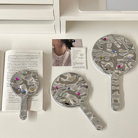 Vintage Handheld Makeup Mirror Silver Wave Texture Frame With Colorful Rhinestones Portable Ins Style Vanity Mirror
