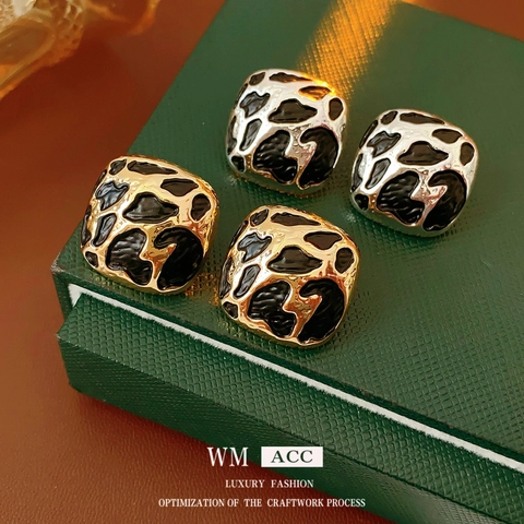 Retro Square Leopard Print Stud Earrings Enamel Animal Pattern Alloy Jewelry With Silver Earring Post For Women