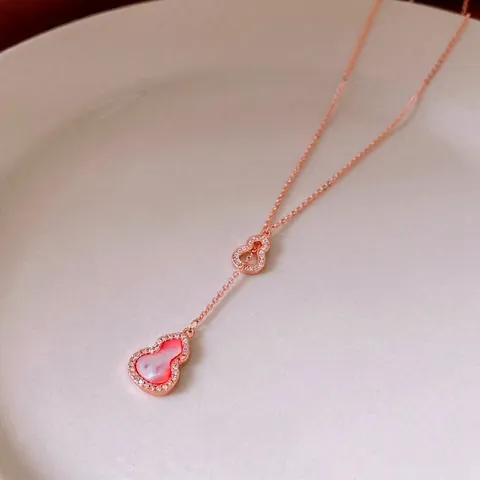 Wu Lou Gourd Charm Bracelet Necklace Rose Gold Plated Copper Pink Mother Of Artificial Pearl Zircon Inlay Elegant Jewelry For Women