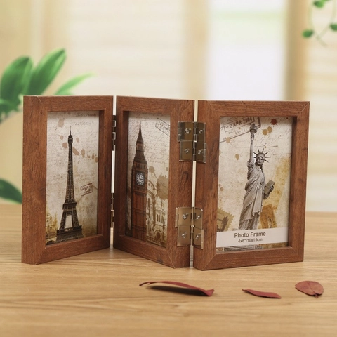 Vintage Wooden Folding Photo Frame Double Sided Picture Holder Rotating Desktop Display Stand Home Decor