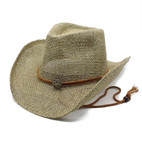 Western Cowboy Straw Hat Wide Brim Breathable Sun Protection Beach Fedora Windproof String Metal Buckle For Men Women