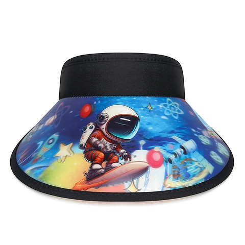 Kids Sun Visor Hat Space Astronaut Cartoon Print Empty Top Polyester PVC Adjustable Wide Brim Summer Outdoor Boys Girls