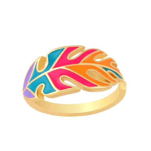 Monstera Leaf Open Ring Copper Gold Plated Enamel Tropical Plant Adjustable Finger Jewelry Bohemian Summer Party Women