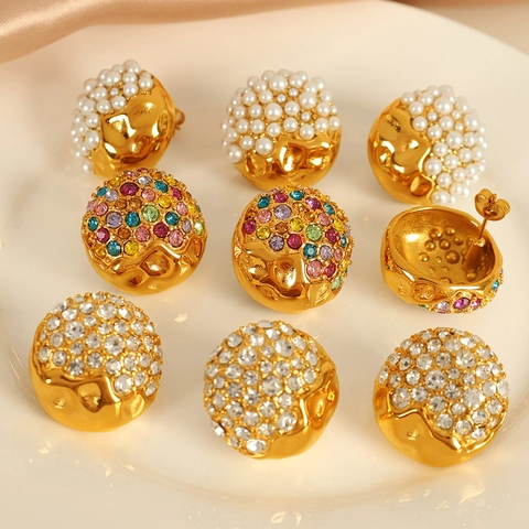Pendientes De Botón Tipo Domo Exagerados De Acero Inoxidable Bañados En Oro Con Perlas Artificiales De Imitación Strass Joyería De Lujo Retro Para Mujer