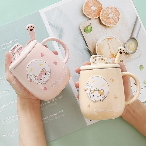 Mug En Céramique Chat Dessin Animé Avec Couvercle Et Cuillère Fonction Support Téléphone Tasse Café Kawaii