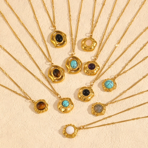 Collana Con Pendente Vintage Acciaio Inossidabile Placcato Oro 18K Pietra Naturale Ciondolo Geometrico Gioielli Per Donna