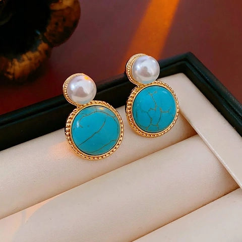 Pendientes Vintage Perla Artificial Redonda Turquesa Con Poste De Plata Aleación Dorada Elegante Retro Lujo Para Mujeres