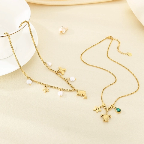 Collana Con Pendente Stella Marina Delfino Conchiglia Tema Oceano Acciaio Inossidabile Placcato Oro Con Perla Artificial Per Donna
