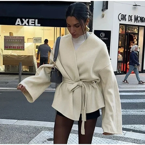 Dames Beige Wollen Look Jas Mantel V-Hals Knoopriem Losse Pasvorm Lange Mouwen Wrap Bovenkleding