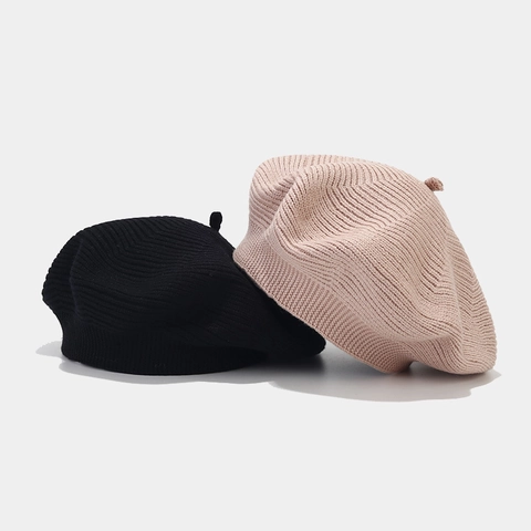 Women Wool Knit Beret Hat Warm Autumn Winter Vintage Solid Color Painter Hat Elegant French Chic Ribbed Cap