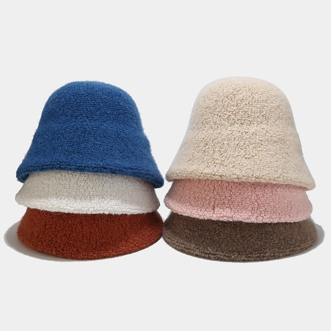Sombrero De Pescador De Lana De Cordero Para Mujer Cálido Grueso Sherpa Casual Color Sólido Invierno Exterior Felpa
