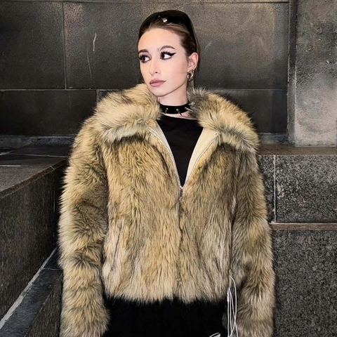 Women Fashion Faux Fur Short Jacket Warm Winter Coat Lapel Zipper Solid Color Casual Streetwear Tan Brown Outerwear