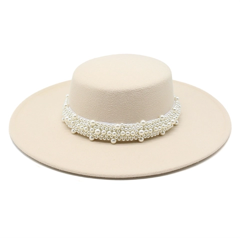 Elegant Wide Brim Boater Hat Flat Top Artificial Pearl Decoration Vintage Style Cotton Polyester Fashion Accessory Women