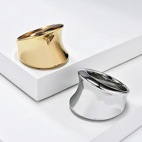 Stainless Steel Wide Band Ring High Polished Concave Asymmetric Minimalist Fashion Jewelry For Women Men