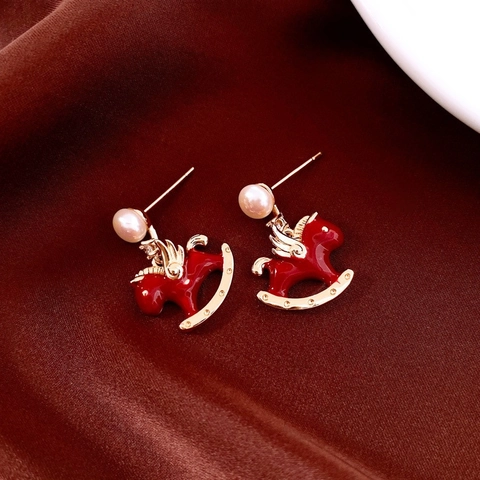 Pony Horse Stud Earrings Gold Plated Copper With Silver Earring Post Zircon Enamel Animal Shape Elegant Fashion Jewelry