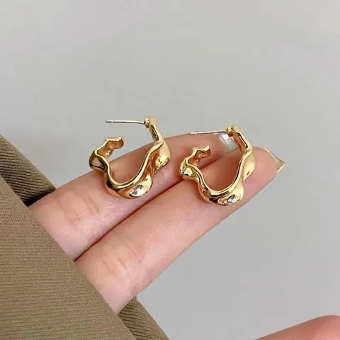Irregular Liquid Metal Stud Earrings With 925 Sterling Silver Earring Post Alloy Wavy Minimalist Earrings For Women Jewelry
