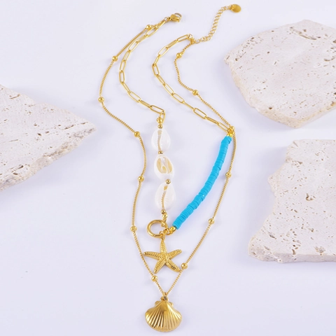 Summer Ocean Style Layered Necklace Gold Plated Titanium Steel Natural Shell Starfish Conch Pendant Beach Jewelry For Women