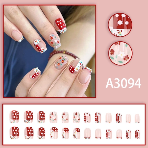 Vintage Red Polka Dot Floral Press On Nails French Short Style Cute Sweet Nail Tips