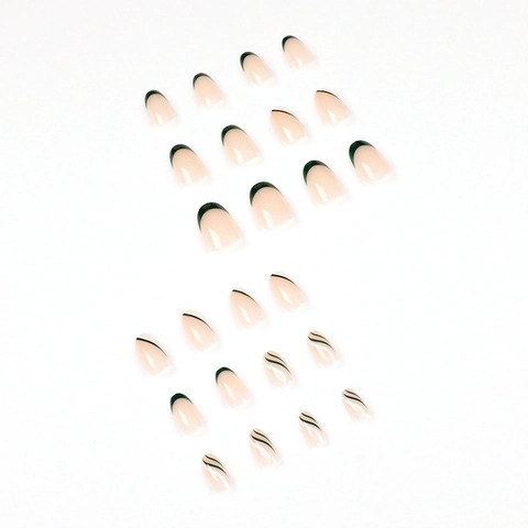 French Almond Press On Nails Olive Green Nude Pink Wave Pattern Artificial False Nail Tips For Women Daily Salon