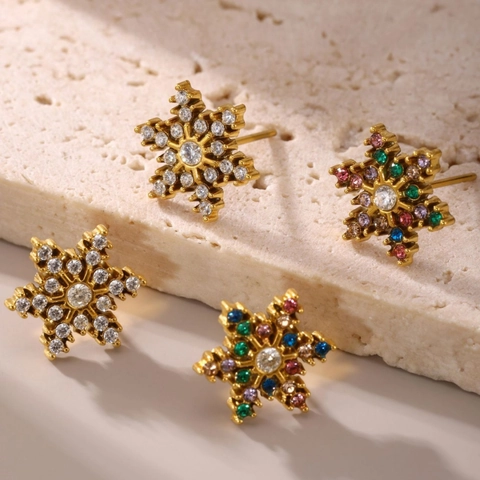 Snowflake Stud Earrings Stainless Steel 18K Gold Plated Colorful Zircon Elegant Winter Jewelry For Women Accessories