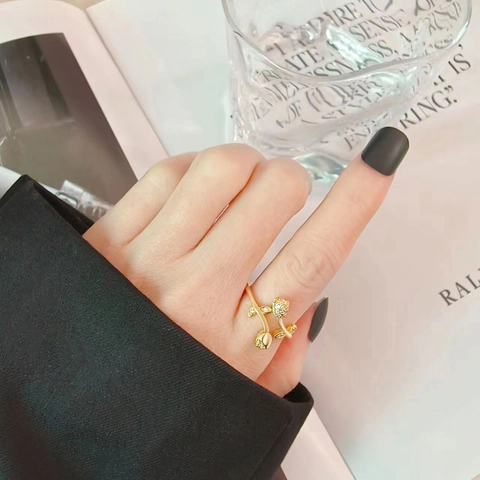Anillo Ajustable Abierto De Flor De Tulipán Y Hoja De Cobre Con Circón Joyería Romántica Elegante Para Mujer