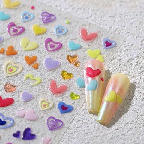 Embossed Heart Nail Art Stickers Colorful Self Adhesive Heart Pattern Decals Manicure DIY Decoration