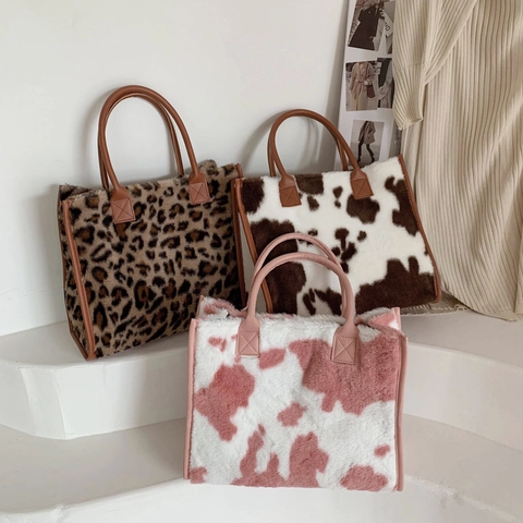 Faux Fur Plush Tote Bag Women Large Capacity Shoulder Handbag Autumn Winter Fashion Leopard Cow Print Animal Pattern