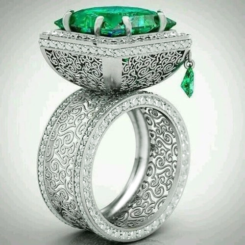 Luxury Copper Ring With Green Zirconia Emerald Cut Square Gemstone Hollow Filigree Micro Pave Water Drop Pendant Vintage