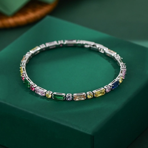 Fashion Multicolor Rhinestone Tennis Bracelet For Women Electroplated Copper Geometric Chain Elegant Party Jewelry Hand Accessory